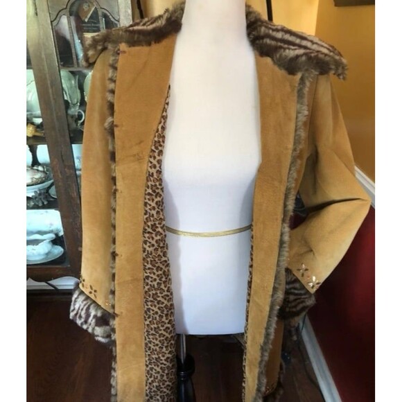 VTG 70s Suede Shearling Faux Fur Coat Jeweled Trim Zebra Penny Lane Afghan 12 L - Picture 4 of 11